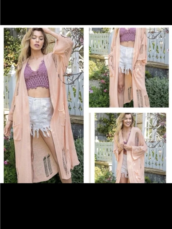 POL Sweaters - NWT POL oversized Open front Distressed Peachy Pink Duster Cardigan size Small